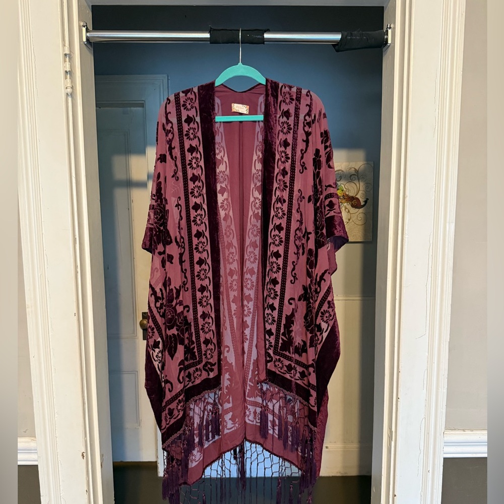 Bohemian Fringe Kimono in Maroon